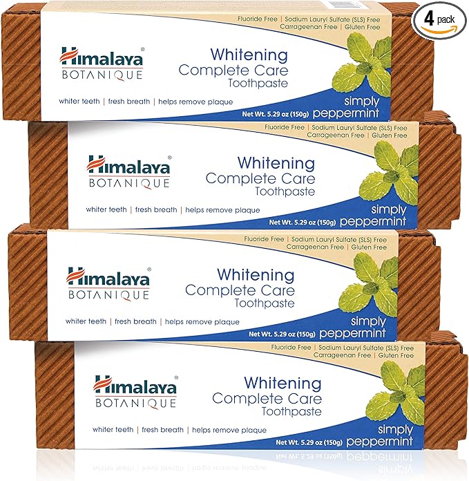 Himalaya Botanique Complete Care Whitening Toothpaste, Simply Peppermint, Fluoride Free for a Clean Mouth, Whiter Teeth and Fresh Breath, 5.29 oz, 4 Pack