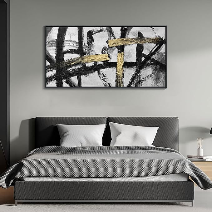 CHATYOUNG Large Framed Wall Art, Black and White Gold Graffiti Modern Abstract Paintings Hand Drawn Textures Canvas Prints Wall Pictures for Bedroom Living Room Office Decor 24 x 48 In-StrideForce Fitness