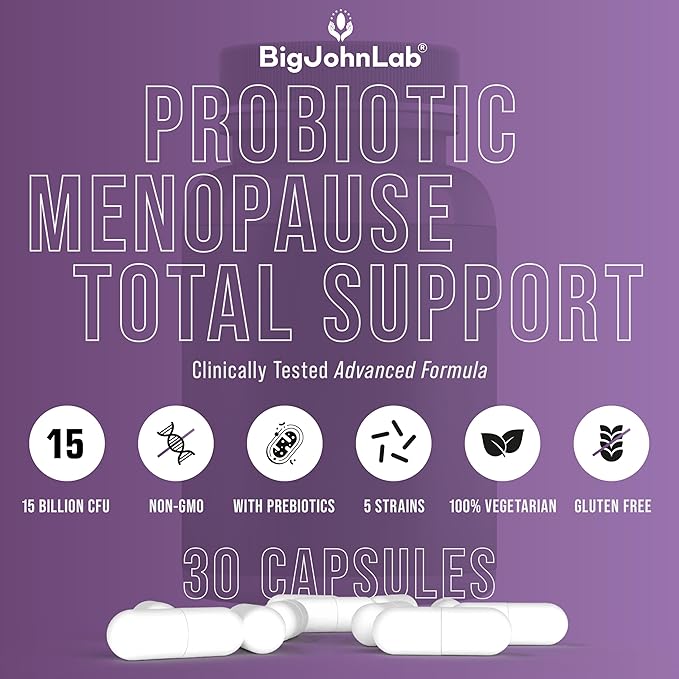 BIGJOHNLAB® - Menopause Total Support – Advanced Probiotic Formula with 5 Strains & 15 Billion CFU, Resveratrol, Black Cohosh, Acacia Fiber, Non-GMO & 100% Vegetarian-StrideForce Fitness
