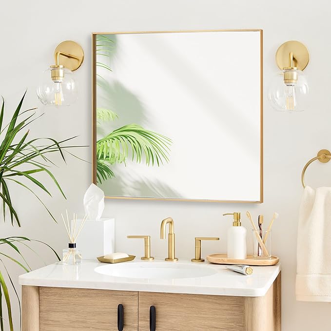 30x30 Inch Orange Gold Bathroom Mirror for Wall, Aluminum Frame Rectangle Rectangular Vanity Mirror, Modern Large for Bedroom, Living Room, Horizontal or Vertical-StrideForce Fitness