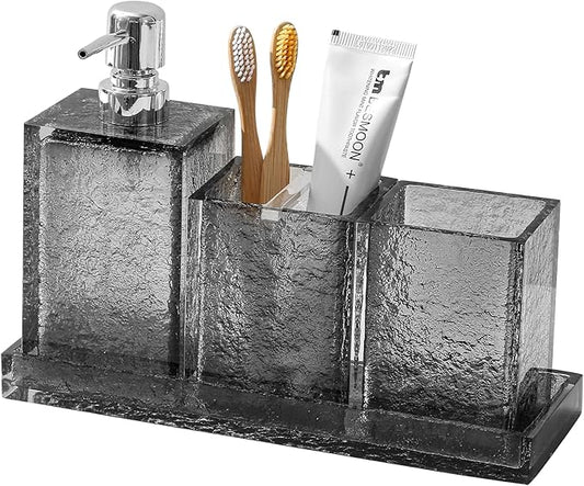 Bathroom Accessories Set, 4Pcs Hand Soap Dispenser and Toothbrush Holder Set, Tumbler Mouthwash Cup, Vanity Tray for Modern Home Decor Bathroom Countertop Organizer (Gray)