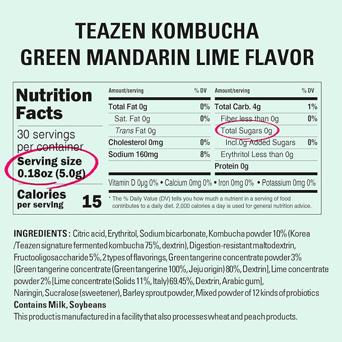 TEAZEN Green Mandarin Lime Kombucha Tea, Hydration Drink Mix, Sugar Free, Live Probiotics & Prebiotics, 30 Sticks, 5.29oz-StrideForce Fitness