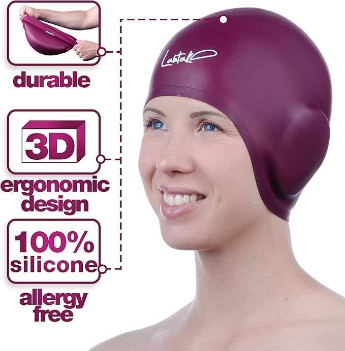 3D Swim Caps - Ear Protection Swimming Cap for Women & Men - Silicone, Waterproof - Fits Long & Short Hair - Adult & Youth-StrideForce Fitness