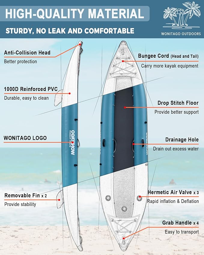 PVC Inflatable Kayak with Drop Stitch Floor, Recreational Touring Kayak with Kayak Paddle, Hand Pump and Carrying Bag, 1-2 Person-StrideForce Fitness