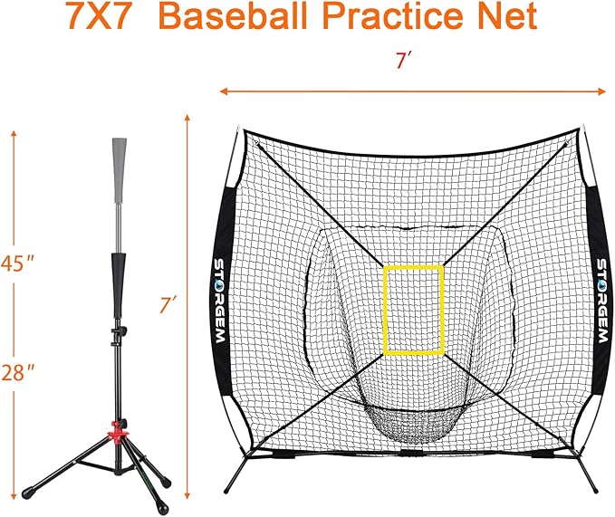 Storgem Baseball and Softball Practice Net 7×7ft Portable Hitting Pitching Batting Training Net Baseball Backstop Net with Batting Tee and Strike Zone and Bow Frame-StrideForce Fitness