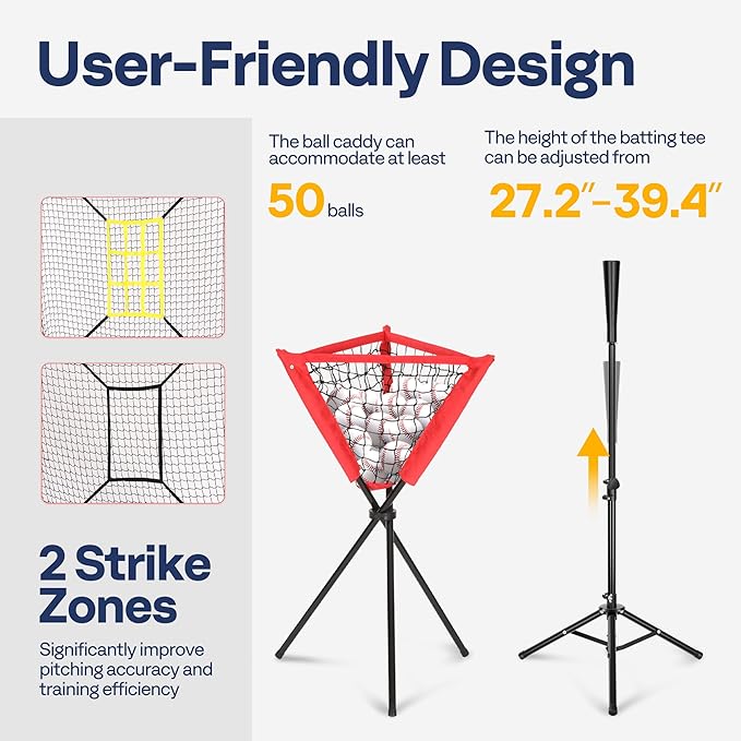 VIVOHOME Baseball Softball Hitting Net with Large Ball Collection System, 7 x 7 ft Baseball Batting Pitching Net with Tee, 2 Strike Zone, Carry Bag-StrideForce Fitness