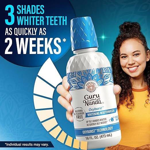 GuruNanda Oxyburst Teeth Whitening Mouthwash – Alcohol & Fluoride Free, with Hydrogen Peroxide & 7 Essential Oils, for On-The-Go Freshness, TSA Friendly, Wild Mint, 16 fl oz