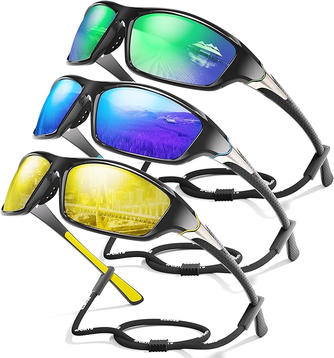 3 Pack Polarized Sports Sunglasses for Men, Mens Sunglasses Wrap Around UV400 Protection for Cycling Fishing Driving-StrideForce Fitness