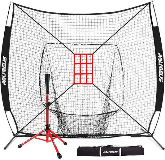 7'X7' Baseball Softball Practice Net,Pitching Net,Batting Net,with Baseball Tee,Bonus Strike Zone and Bow Frame,for Hitting,Pitching, Catching-StrideForce Fitness