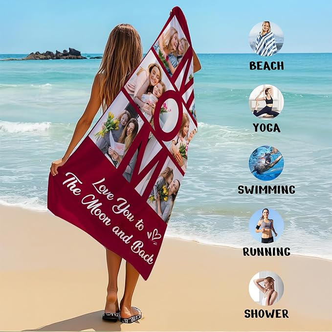 JML Mothers Day Birthday Gifts for Mom from Daughter Son, Personalized Beach Towel with Photo, Custom Beach Towel Gift for Mommy, Grandma, Women, Wife Anniversary Family Day, Summer, Holiday-StrideForce Fitness