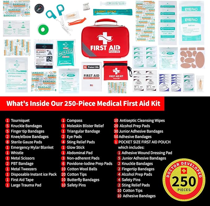 Protect Life Survival First Aid Kit for Home/Business, Camping Survival Kits | Mini Travel First Aid Kit | Camping Equipment | Small Kits for Car | Outdoor Emergency Survivals Pack - 250pcs-StrideForce Fitness