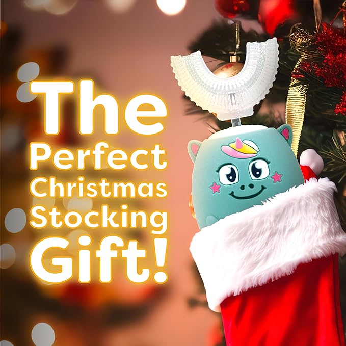 Trueocity Kids U Shape Toothbrush Auto Electric Toddler Rechargeable Kids Automatic Toothbrush | 360° U-Shaped Silicone Brush Head | Gentle Cleaning for Ages 2–7 2–7 | Unicorn Design (Turquoise)