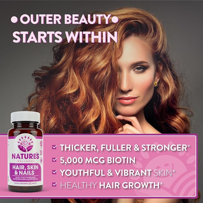 Natures Wellness Hair, Skin & Nails Essential Nourishing Supplement, 60-Count | 4000mcg Biotin + Vitamins A, C and E, B Complex Vitamins, and Advanced Nutrients per Capsule | 100% All-Natural-StrideForce Fitness