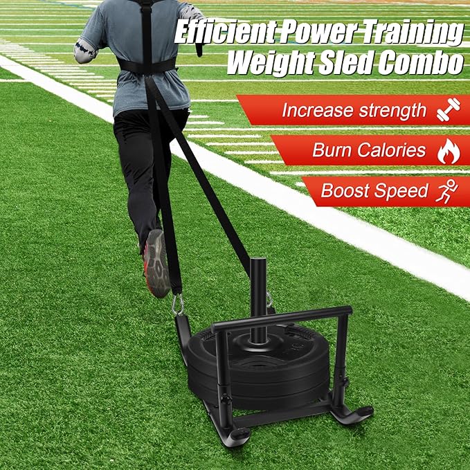 GDFISH Large Weight Sled, Adjustable Height Handle Push Sleds, Workout Fitness Sled for Training Running Speed, Compatible with 1" & 2" Weight Plate, Easy Obstacle Clearance for Grass, Sand, Cement-StrideForce Fitness