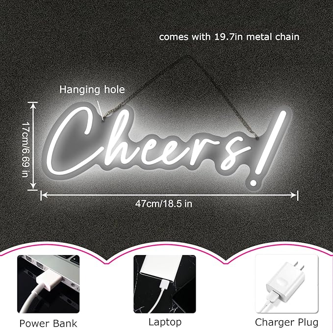 Cheers Neon Signs Cheer Sign for Bar Light Sign for Wall Decor USB Powered Neon Sign for Bar Club Gaming Room Home Birthday Party Decor Sign Gift White (18.5 * 6.69in)-StrideForce Fitness