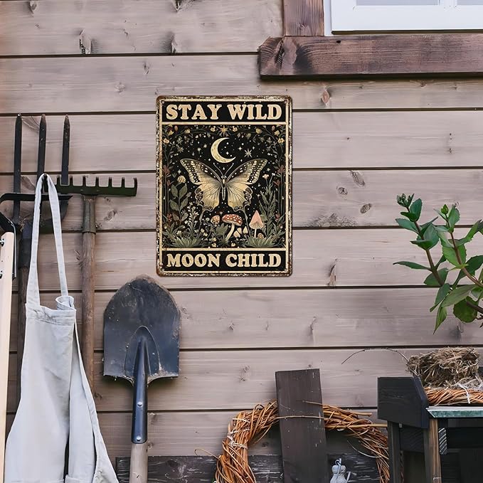 Vintage Tin Sign Butterfly Stay Wild Moon Tin Sign Retro Wall Decor for Home Office Room Wall Decor Poster 12 * 16inch-StrideForce Fitness