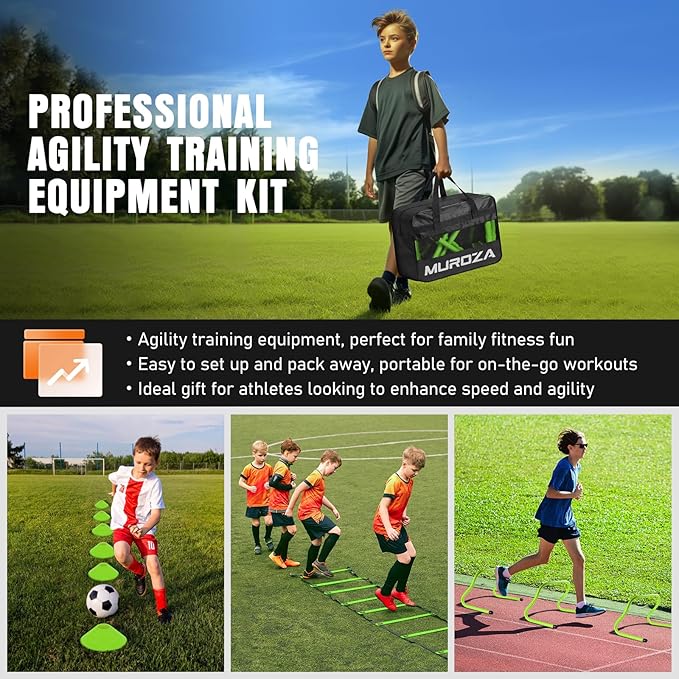 Agility Ladder, Speed Training Equipment Set, 20ft Agility Ladder, 12 Soccer Cones, 4 Hurdles, Jump Rope, Running Parachute, Basketball Football Soccer Training Equipment for Kids, Youth, Adults-StrideForce Fitness