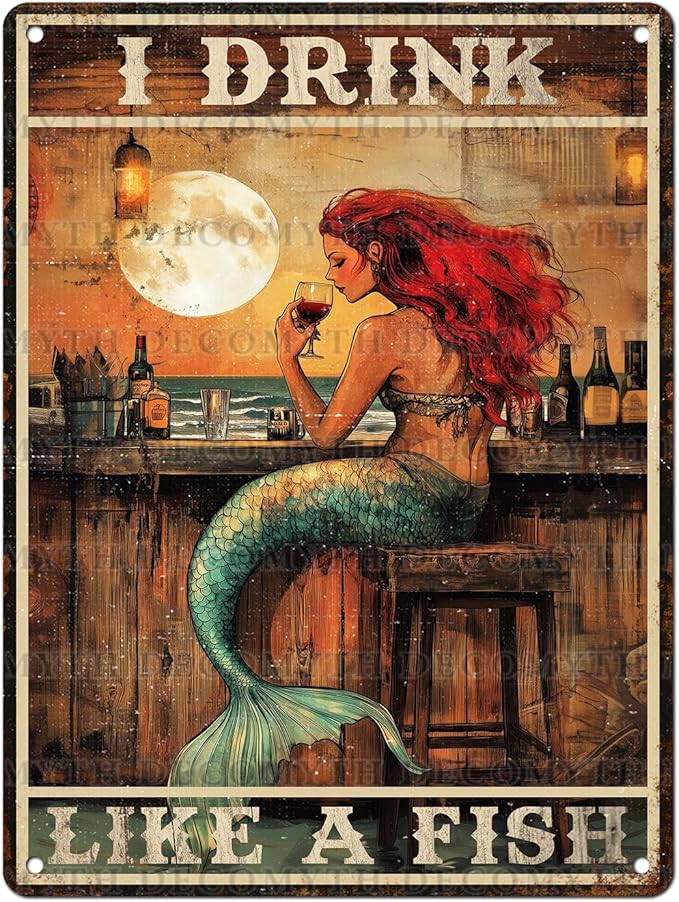 Vintage Mermaid Tin Sign I Drink Like A Fish Retro Wall Decor Decorations for Home Funny Wine Lover Nostalgic Metal Poster Indoor Store Cafe Toilet Kitchen Garden Bar Pubs Man cave 12 * 16inch-StrideForce Fitness