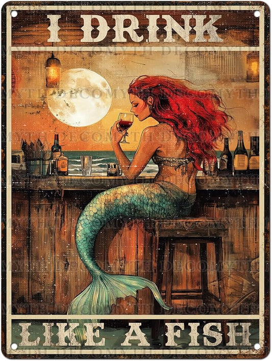 Vintage Mermaid Tin Sign I Drink Like A Fish Retro Wall Decor Decorations for Home Funny Wine Lover Nostalgic Metal Poster Indoor Store Cafe Toilet Kitchen Garden Bar Pubs Man cave 12 * 16inch-StrideForce Fitness