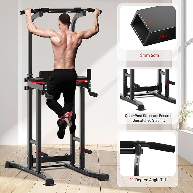 Outdoor Basic Power Tower Max Pull Up Bar and Dip Station - Heavy Duty 1600LBS Weight Capacity, Reinforced Steel Frame for Maximum Stability, Multi-Function Home Gym Equipment with Adjustable Height for Strength Training Fitness-StrideForce Fitness