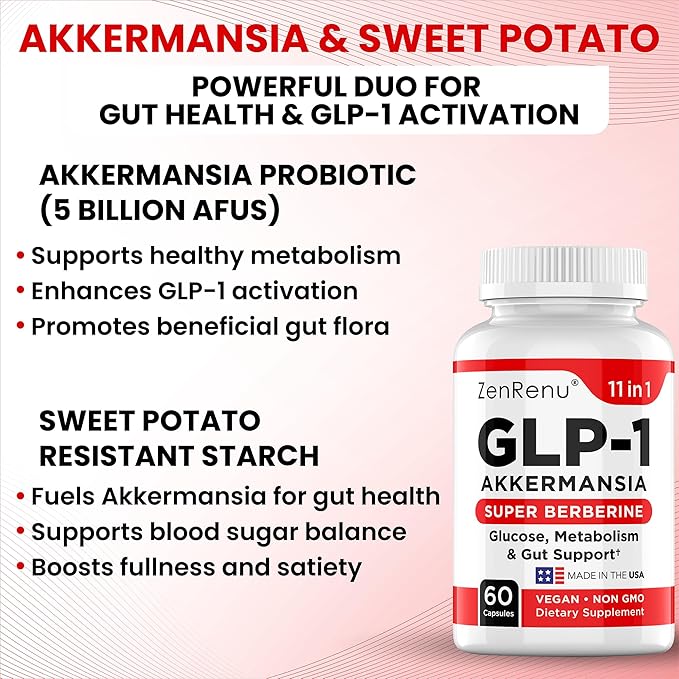 Zenrenu GLP-1 Supplement for Women-Natural Appetite,Craving & Loss Support – Akkermansia Probiotic, Super Berberine & Cinnamon,11-in-1 Gut & Metabolism Support - GLP1 Activate -60 Vegan Caps-StrideForce Fitness