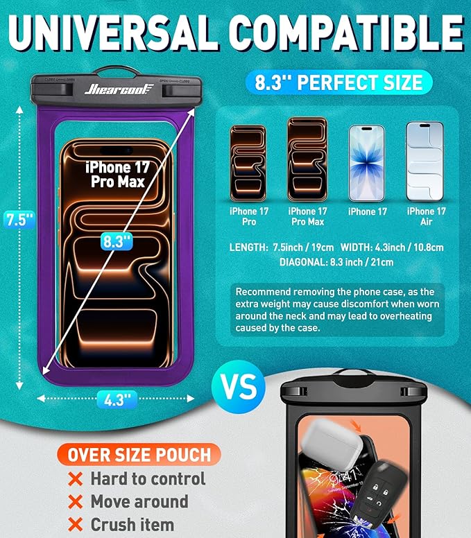 Hiearcool Universal Waterproof Phone Pouch, Dry Bag Compatible for iPhone 17 16 15 14 13 Pro Max XS Plus Samsung Galaxy S22 Cellphone Up to 8.3", IPX8 Water Proof Cell Phone Case for Beach-2Pack-StrideForce Fitness