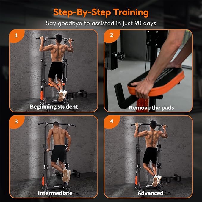 ONETWOFIT Power Tower Pull Up Bar Station Assistive Trainer, Multi-Function Adjustable Height Dip Station for Home Gym Workout, Strength Training Fitness Equipment, Pull Up Stand 360LBS-StrideForce Fitness