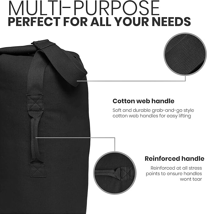 WHITEDUCK Top Load Canvas Folding Duffel Bag, Water Resistant Army Style Shoulder Bag for Men and Women- Gym, Sports, Travel, Hiking, Camping, Backpacking (Large 25" x 42",Black)-StrideForce Fitness