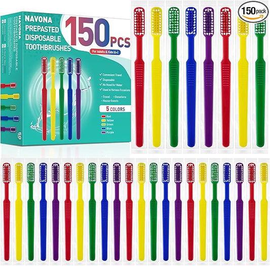 Navona 150 PCS Prepasted Disposable Toothbrushes with Toothpaste, Premium Bulk Toothbrushes Individually Wrapped, Single Use Bulk Toothbrush for Travel, Guests, Hotel, Camping