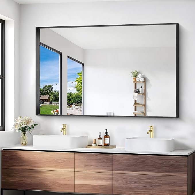 Black Bathroom Mirror, 36x55 Inch Rectangular Deep Frame Mirror, Large Wall Mounted Bathroom Vanity Mirror Over Sink for Bedroom,Restroom, Living Room, Hangs Vertically or Horizontally-StrideForce Fitness
