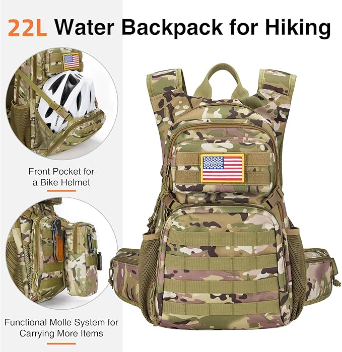 22L Tactical Hydration Backpack with 3L Water Bladder, Lightweight Molle Water Bag for Men Women, Hiking Hydration Pack for Cycling Running Biking Hunting, Daypack with Waist Pocket, Camo-StrideForce Fitness