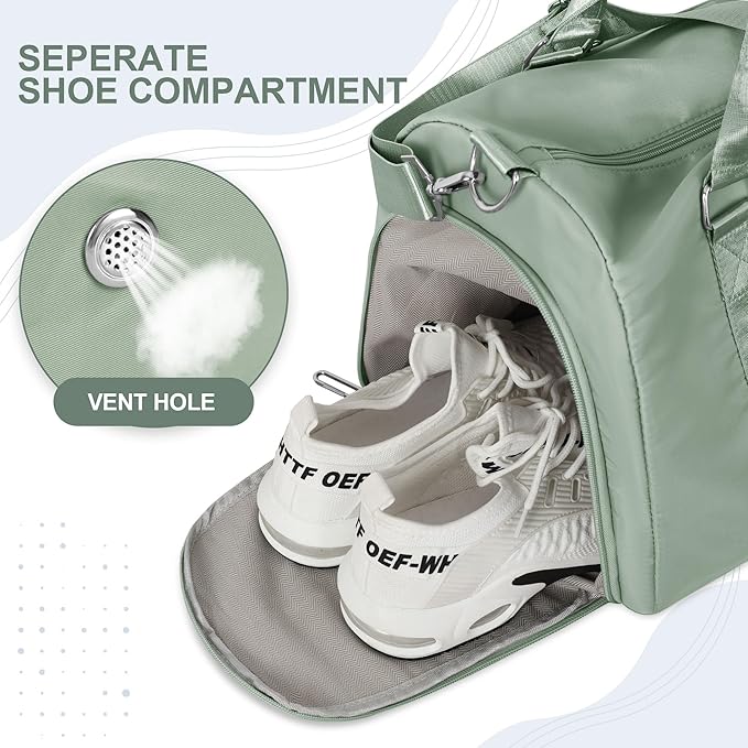 FIORETTO Womens Gym Tote Duffle Bag with Toiletry Bag, Sports Duffel Overnight Hospital Workout Carry on for Girls with Wet Pocket & Shoe Compartment, Ideal for Travel, Swimming, Celadon-StrideForce Fitness