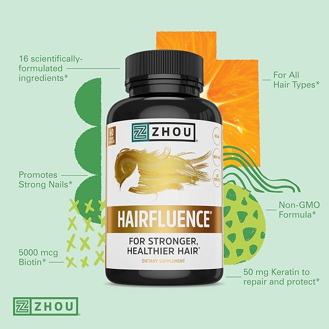 ZHOU Hairfluence, Hair Growth Supplement with Clinically Studied Lustriva and Keranat and Hair Vitamins Biotin 5000mcg, Vitamin D, A, C & B12, Non-GMO, Gluten Free, 60 VegCaps-StrideForce Fitness