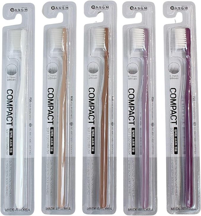 DASOM Soft Toothbrushes (Regular Size Head), Periodontist Design Tapered Bristles for Sensitive Teeth & Receding Gums 5 Count, Assorted Colors