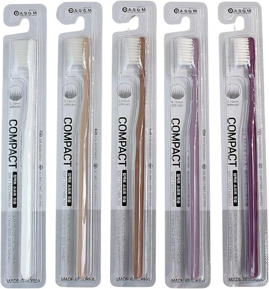 DASOM Soft Toothbrushes (Regular Size Head), Periodontist Design Tapered Bristles for Sensitive Teeth & Receding Gums 5 Count, Assorted Colors