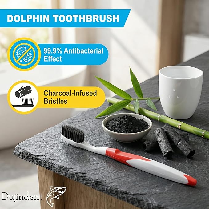 Dolphin Charcoal Toothbrush Extra Soft Bristle Manual Soft Long Flossing, Ultra Clean Toothbrush, Good for Sensitive Teeth and Gums (Multi, Charcoal 4 Packs)
