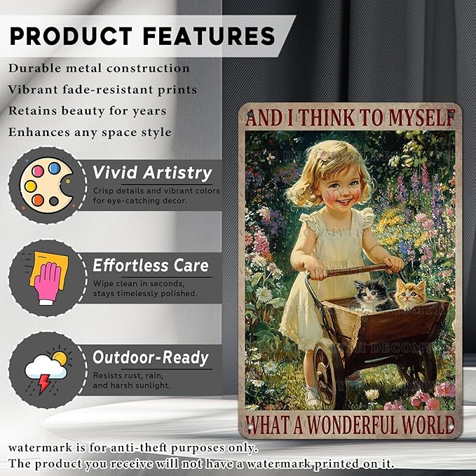 Garden Girl Metal Tin Sign Wall Art Rustic Vintage Outdoor Decor And I Think To Myself What A Wonderful World Quote 12 * 8inch-StrideForce Fitness