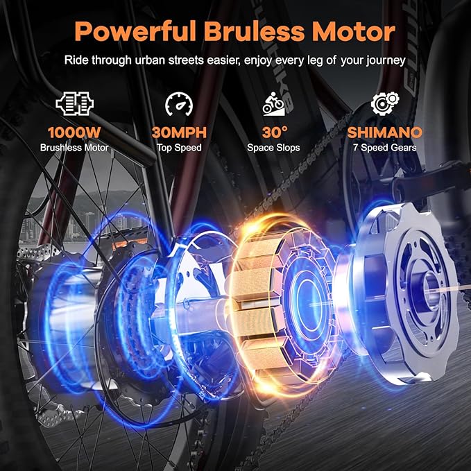 Foldable Electric Bike for Adults, Peak 1000W Brushless Motor 30MPH 70Miles City Commuter Ebike, 48V 20AH Lithium Battery, 20" Fat Tire 7-Speed E-Bicycle with Front Suspension Colourful LCD Display-StrideForce Fitness