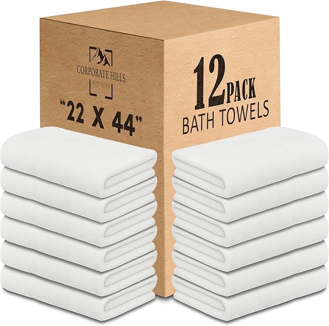 CH White Bath Towels Bulk - 22 x 44 Inches, 100% Cotton Economy Light Weight Towels for Commercial Use - Quick Dry, Ultra-Soft, and Absorbent Bulk Towels (12 Pack)-StrideForce Fitness