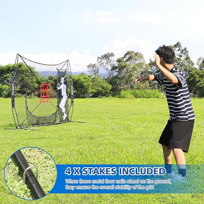 7'X7' Baseball Softball Practice Net,Pitching Net,Batting Net,with Baseball Tee,Bonus Strike Zone and Bow Frame,for Hitting,Pitching, Catching-StrideForce Fitness