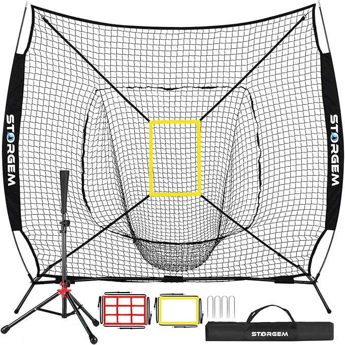 Storgem Baseball and Softball Practice Net 7×7ft Portable Hitting Pitching Batting Training Net Baseball Backstop Net with Batting Tee and Strike Zone and Bow Frame-StrideForce Fitness