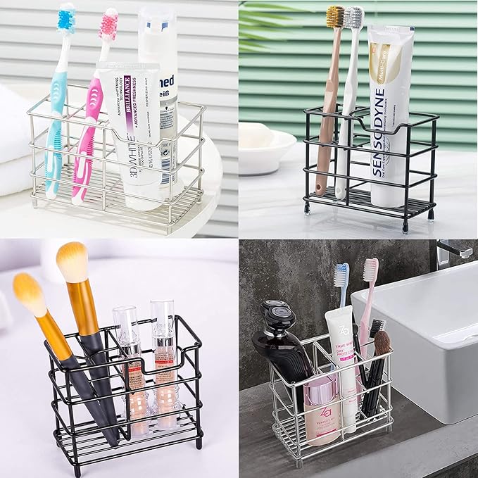 Urbanstrive 304 Stainless Steel Bathroom Toothbrush Holder Toothpaste Holder Stand Bathroom Accessories Organizer (Silver, Large)