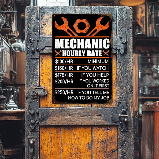 Mechanic Gifts for Men - Garage Metal Tin Signs Vintage Car Shop Accessories Decor Mechanic Hourly Rate Metal Sign 8x12 Inch-StrideForce Fitness