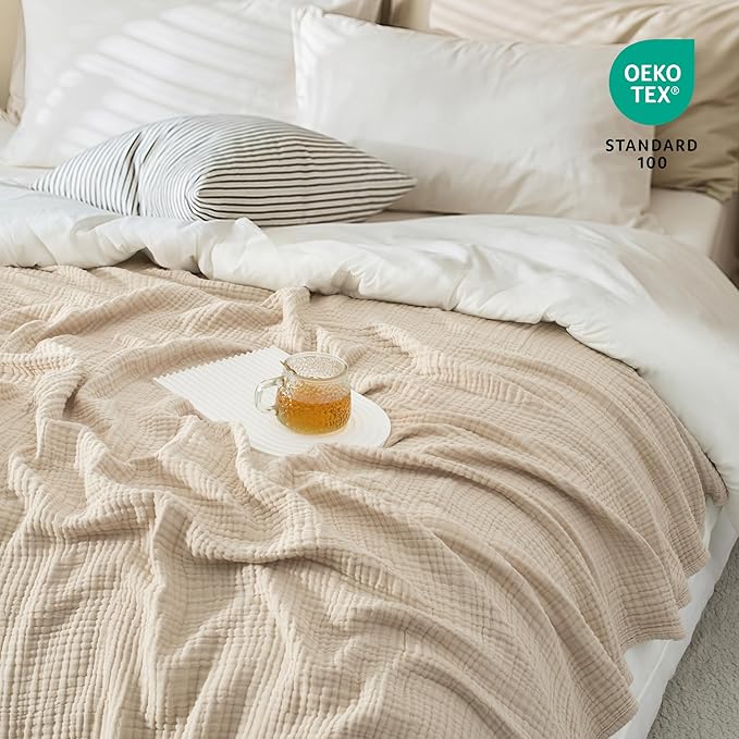 Carriediosa 100% Cotton Muslin Throw Blanket 50" X 70" Throw XL Size，4-Layers Summer Gauze Throws for Bed Couch，Soft Lightweight Breathable Linen Blankets Bedspread for Adults All Season，Khaki-StrideForce Fitness