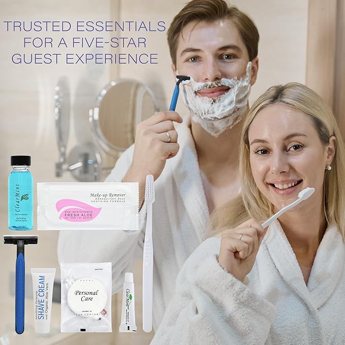 Personal Care Travel Toiletries | 1-Shoppe Amenities Kit | Travel Shaving Set, Toothbrush & Paste, Mouthwash, Makeup Wipes, Swabs, Nail File & Sewing Kit | 150 Pieces