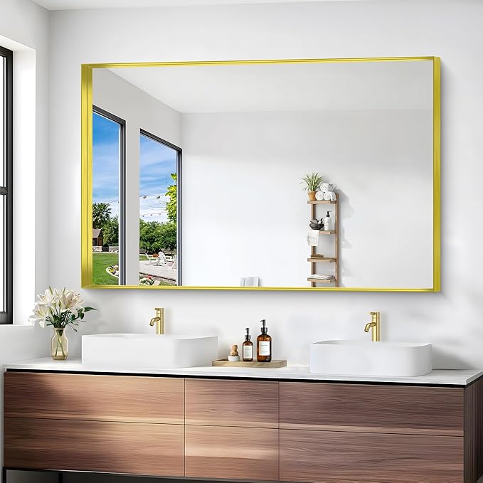Gold Bathroom Mirror, 36x55 Inch Rectangular Deep Frame Mirror, Large Wall Mounted Bathroom Vanity Mirror Over Sink for Bedroom,Restroom, Living Room, Hangs Vertically or Horizontally-StrideForce Fitness