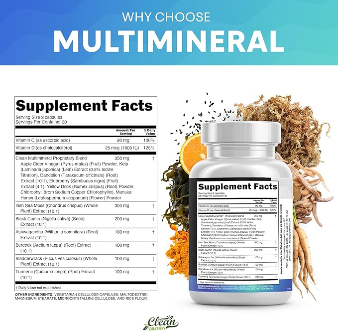 Clean Nutraceuticals Sea Moss Black Seed Oil Ashwagandha Turmeric Bladderwrack Burdock & Vitamin C Vitamin D3 with Elderberry Manuka Dandelion Yellow Dock Iodine Chlorophyll ACV-StrideForce Fitness