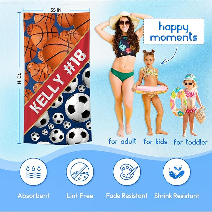 Personalized Beach Towel With Name, Custom Beach Towel with Text, Customized Basketball Football Microfiber Pool Towel, Quick Dry & Absorbent Swim Towel for Adult,Anniversary, Birthday, Summer Holiday-StrideForce Fitness