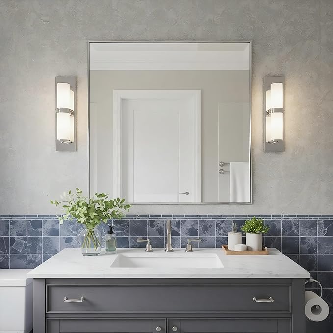 30x30 Inch Nickel Bathroom Mirror for Wall, Aluminum Frame Rectangle Rectangular Vanity Mirror, Modern Large for Bedroom, Living Room, Horizontal or Vertical-StrideForce Fitness