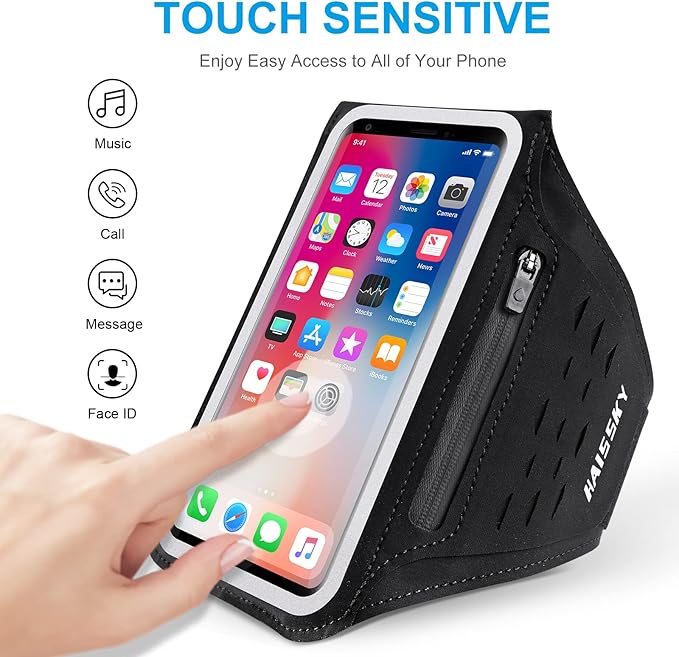 Running Armband with Earphone Bag Cell Phone Armband for iPhone 16 15 Pro 14 Plus 13 11 XR XS, Galaxy S24/S10 Water Resistant Sports Phone Holder Case & Zipper Slot Car Key Holder for 6.9 inch Phone-StrideForce Fitness